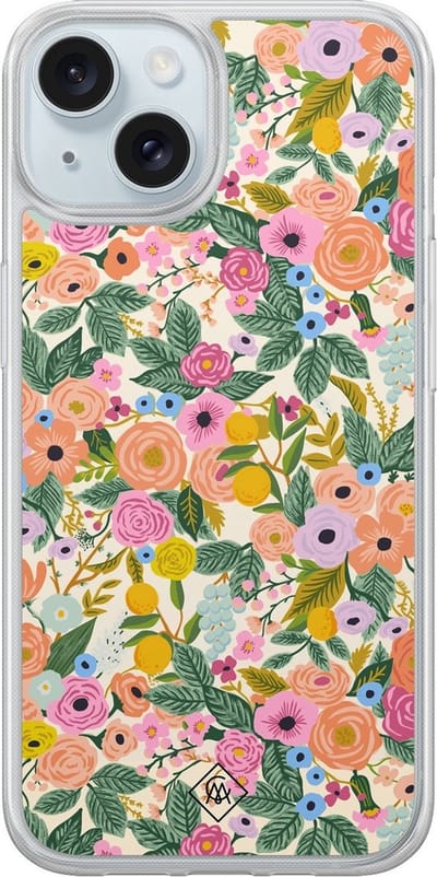 Casimoda® hoesje - Geschikt voor iPhone 13 - Pink Gardens - 2-in-1 case - Schokbestendig - Bloemen - Verhoogde randen - Roze, Transparant