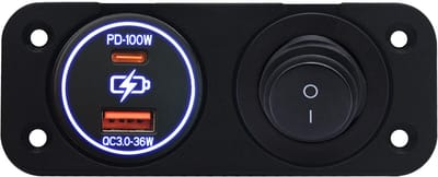 ProRide 12-24V USB/USB C Autolader 2 Poorten Inbouw - 100W+36W QC3.0 - Tuimelschakelaar - Blauw