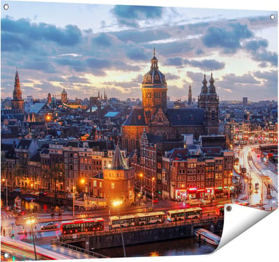 Gards Tuinposter Amsterdam Centrum Luchtfoto Zonsondergang - 100x80 cm - Tuindoek - Tuindecoratie - Wanddecoratie buiten - Tuinschilderij