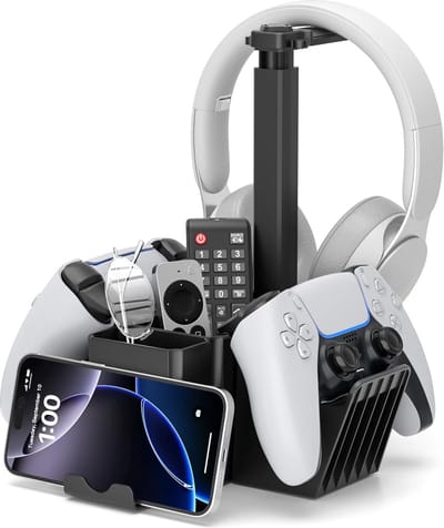 StayPowered Dubbele Controller Houder met Headset Stand - Ruimtebesparende en Stabiele Organisatie - 360° Draaibare Headset Haak - Stevige Controller Houder - Extra Opbergvakken - Antislip Basis - Zwart - Levering Sneller dan Aangegeven!