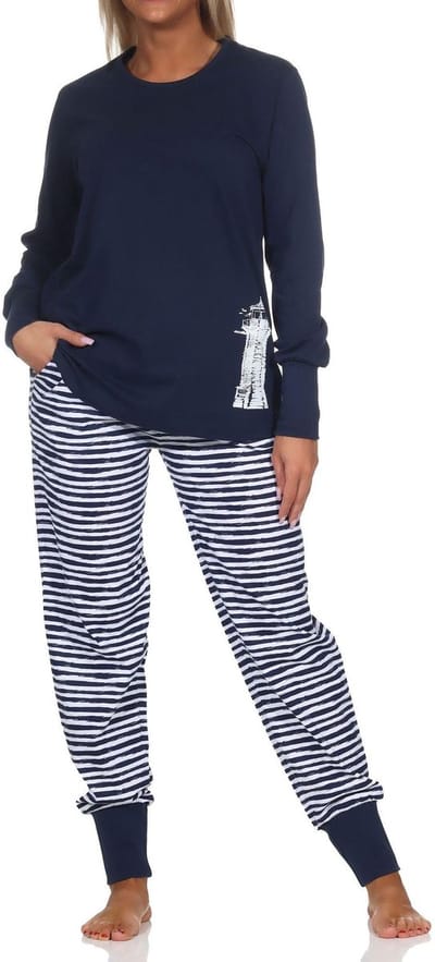 Lange Normann damespyjama met manchetten in nautische look - ook in grote maten