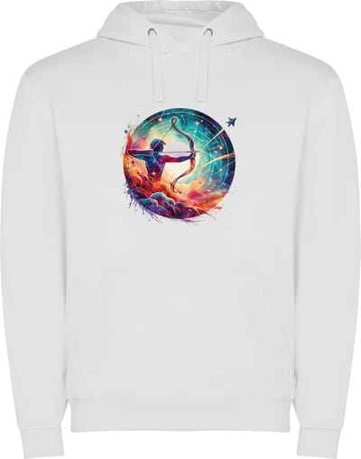 Witte unisex hoodie met “ Kleurrijke Sterrenbeeld Boogschutter – Astrologie – Horoscoop – Zodiac Signs “ Print Full Color Color merk Roly maat S