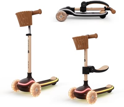 Kinderkraft RAKET UP 2-in-1 Loopfiets en Driewieler Step - Wielen met RGB LED's - Opvouwbaar in 2 seconden - Verstelbaar stuur - Beige