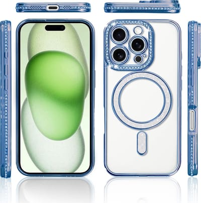 Hoesje Geschikt voor iPhone 15 Magsafe hoes Lens beschermer Blauw – Luxe bling sprankelende diamant backcover