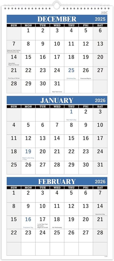 Driemaanden Kalender 2025 Wandkalender Groot Formaat Januari tot December