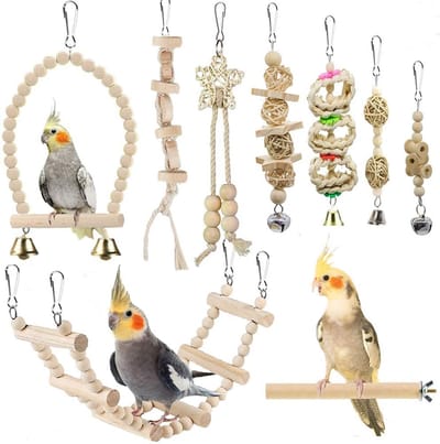 Unyqoos ® Vogelspeelgoed Set voor Parkieten en Andere Kleine Vogels met Schommels en Klimladders