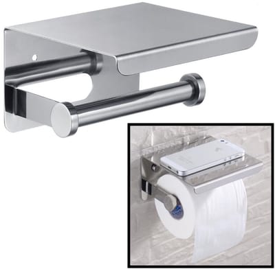 Toiletrolhouder Rvs - Toiletrolhouder met telefoonhouder / plankje - Toilet / WC papier rolhouder - Wandmodel - Zilver