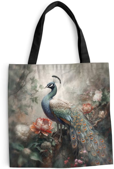 MuchoWow® Schoudertas - Strandtas - Big Shopper - Boodschappentas - Pauw - Pauwenveren - Vogel - Jungle - Bloemen - 45x45 cm - Katoenen tas