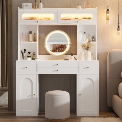HAUSS SPOLE Kaptafel - Ronde Spiegel Met Verlichting En Opbergruimte - Slaapkamer - MDF Bamboe Glas - Wit - 120x40x160 Cm