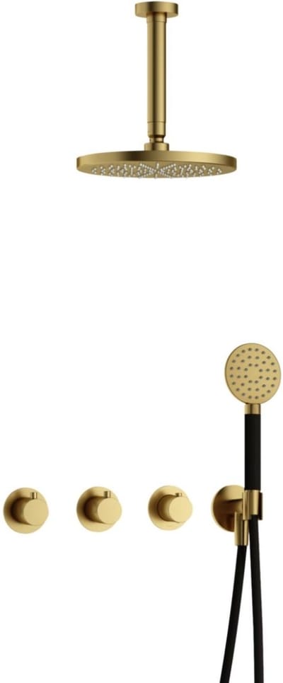 Hotbath Cobber - CB7067 - Inbouw Regendoucheset - Geborsteld Messing PVD - 2 Stopkranen - Thermostatisch - Plafondbuis 15 cm - Hoofddouche 200 mm - Ronde Handdouche 3 Standen - Waterbesparend