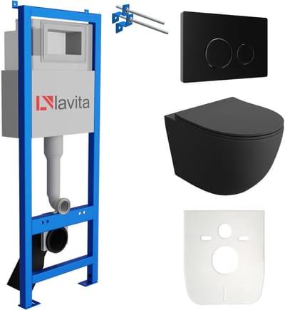 LAVITA® Inbouwreservoir Complete Toiletset LAV 101 - Inbouw WC Hangtoilet Wandcloset SINTO BLACK Zwart Mat - Bedieningsplaat 200.4.4 Zwart - Voorwandelement voor toilet 40cm - Installatiesysteem