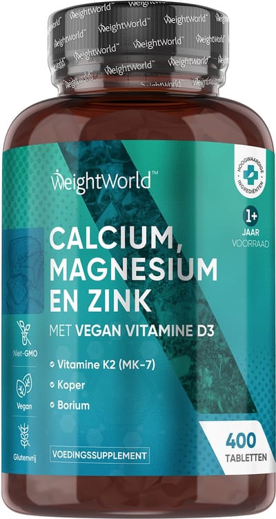 WeightWorld Calcium, Magnesium en Zink met Vitamine D3 - 400 vegan tabletten voor meer dan 1 jaar voorraad