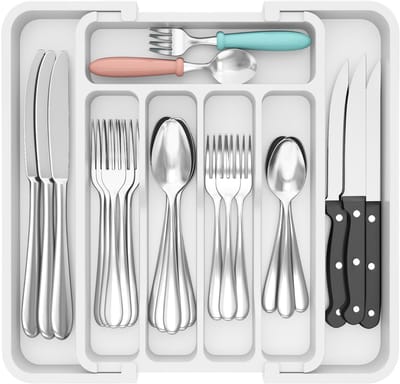 TTLUOKER®Besteklade Uitschuifbaar met 8 Vakken - Verstelbare Keukenlade Organizer voor Bestek (Lepels, Vorken, Messen) - 33.5x38cm (Uitschuifbaar tot 57cm) - Wit