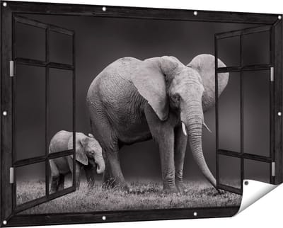 Gards Tuinposter Doorkijk Olifant Moeder en Zoon - Zwart Wit - 150x100 cm - Tuindoek - Tuindecoratie - Wanddecoratie buiten - Tuinschilderij