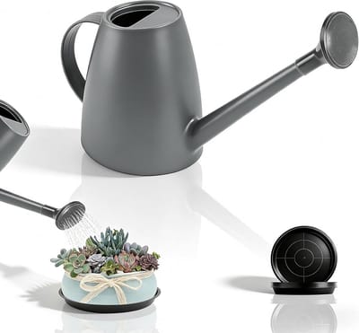 Kleine Gieter voor Binnenplanten met Lange Tuit en 10 Zwarte Bloempot Coasters voor Succulenten en Potplanten 1.8L Grijs