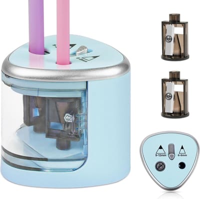 EXCITAT Elektrische puntenslijper - Batterij-aangedreven puntenslijper met twee gaten - Voor kleurpotloden van 6-12 mm - Duurzaam mes - Voor school, klaslokaal, kantoor en thuis - Blauw