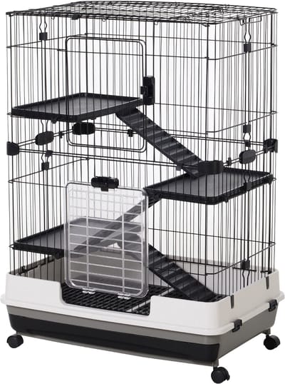 PawHut Kleintierkäfig mit 4 Räder, Käfig, 3 Öffnungen, 2 Plattformen, Metall Schwarz 81,2 x 52,7 x 110 cm