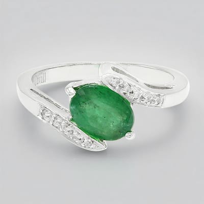 Cavill - Zilveren Ring met Bahia Smaragd 0 89 ct Ovaal - 925 Sterling Zilver Geplatineerd - 10 Zirkonen 0 076 ct - Elegante Damesring Maat 17