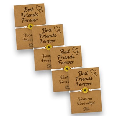 Vriendschapsarmbandjes voor 4 "Best Friends Forever" - Zonnebloem - BFF Armbandjes met Persoonlijk Cadeau Kaartje - Wit met Bloem Hanger - Op Vier Kaartjes- Pax Amare