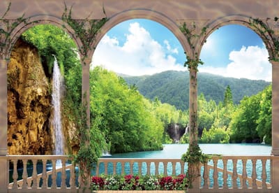 Fotobehang Waterfall Lake Mountains | XL - 208cm x 146cm | 130g/m2 Vlies