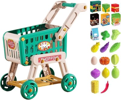 Kinder Winkelwagen - Speelgoed Winkel - Fantasie Spel - Inclusief Nep Voedsel - 33 x 14 x 25 cm - Groen