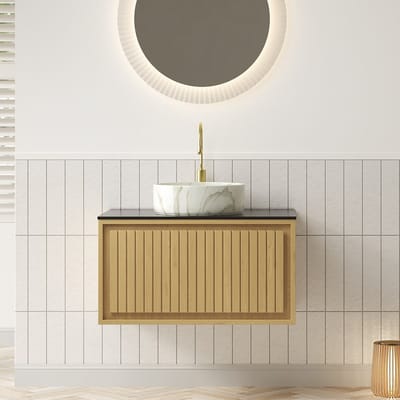 Wishdor - Hangend Badkamermeubel Met Wastafel - Lade - Modern - Badkamer - Keramiek En Sintersteen - Zwart, Eiken En Steenwit