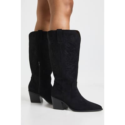boohoo Dames Wijde Pasvorm Geborduurd Faux Suede Western Laarzen | Black | Maat: 4