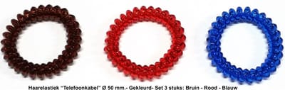 Rojafit “Telefoonkabel” Haarelastiek - Maxi - Ø 50 mm - Set 3 Stuks - Bruin-Rood-Blauw
