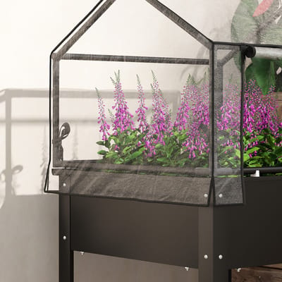 Wishdor Verhoogde Plantenbak Met Transparante Afdekking - Afvoergat - Staal - Zwart - 60 X 60 X 120 Cm
