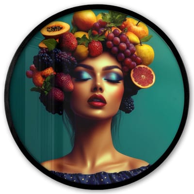 Poster in lijst Rond - Fotolijst 40x40 cm - Posters - Vrouw - Hoodtooi - Tropisch - Fruit - Druiven - Ronde posterlijst zwart - Decoratie - Wanddecoratie woonkamer - Muurdecoratie slaapkamer