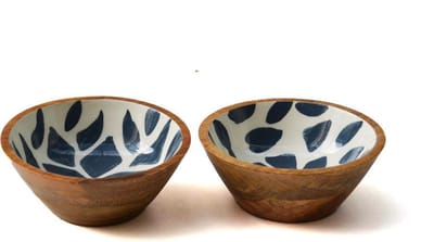 Floz houten schaaltje - set van 2 - 15 cm - binnenzijde als keramiek - wit blauw - fairtrade