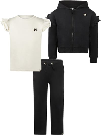 Koko Noko - Basic collection - Biologisch katoen - Kledingset - 3 delig - Joggingbroek Zwart - Shirt Offwhite met roesjes - Sweatvest Hoody Zwart met rits - Maat 92