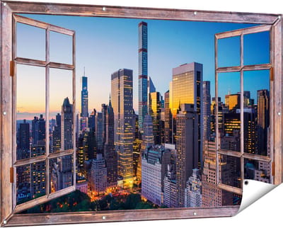 Gards Tuinposter Doorkijk New York bij Zonsopgang - 150x100 cm - Tuindoek - Tuindecoratie - Wanddecoratie buiten - Tuinschilderij