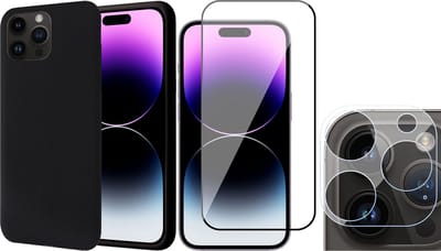Hoesje geschikt voor iPhone 14 Pro - Screenprotector FullGuard & Camera Lens Screen Protector - Back Cover Case SoftTouch Zwart