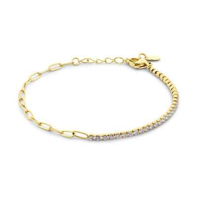 CO88 Collection - 8CB-91359 - grove schakelarmband vrouwen met witte zirconia stenen - 2 mm - 16.5+3 cm - goudkleurig