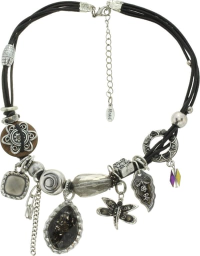 Behave - Korte ketting met leder koord en metalen hangers - Zilverkleur-zwart - 41 cm