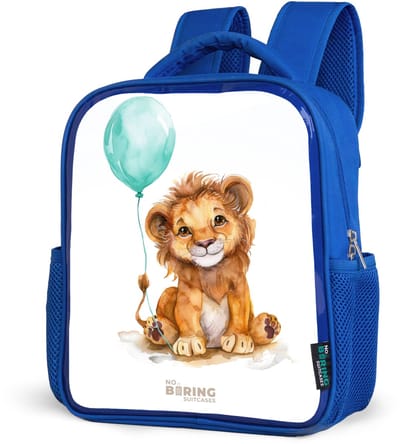 NoBoringSuitcases.com® - Rugzak blauw - Schooltas jongens - Leeuw met blauwe ballon - Kinder rugtas jongen - Boekentas kind - Kinderrugzak voor school - Schoolrugzak