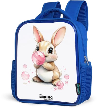 NoBoringSuitcases.com® - Rugzak blauw - Schooltas jongens - Bruin konijntje met roze bellen - Kinder rugtas jongen - Boekentas kind - Kinderrugzak voor school - Schoolrugzak