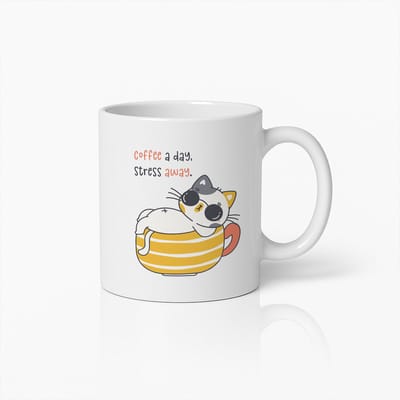 Coffee a Day Stress Away Mok 330ml – Leuke Katten Koffiebeker Cadeau voor Koffieliefhebbers, Huisdiereigenaren & Vrienden