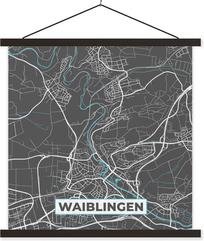Posterhanger incl. Poster 90x90 cm - Schoolplaat - Blauw – Duitsland – Plattegrond – Stadskaart – Kaart – Waiblingen - Textielposter - Zwarte latten - Stadskaart