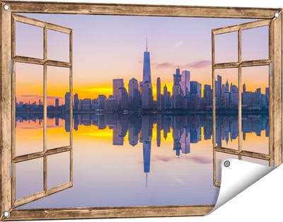 Gards Tuinposter Doorkijk New York Skyline bij Zonsopgang - 90x60 cm - Tuindoek - Tuindecoratie - Wanddecoratie buiten - Tuinschilderij