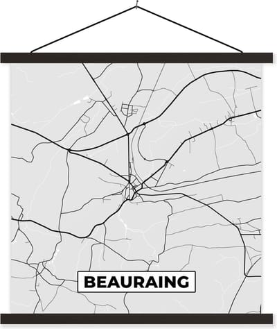 Posterhanger incl. Poster 60x60 cm - Schoolplaat - België – Beauraing – Stadskaart – Kaart – Zwart Wit – Plattegrond - Textielposter - Zwarte latten - Stadskaart