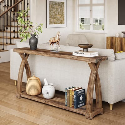 LITTLE TREE - Boerderijstijl Consoletafel - 30 X 80 X 160 cm - Smal Massief Hout met - 2 Laagse Opslag - voor Ingang, Hal, Woonkamer