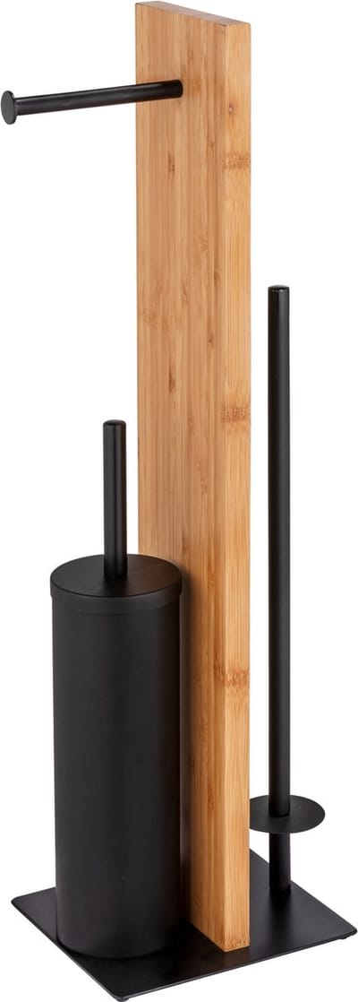 WENKO Toiletbutler Lesina zwart en bamboe - FSC hout - Toiletborstel met houder, Toiletrolhouder en Reserverolhouder vrijstaand