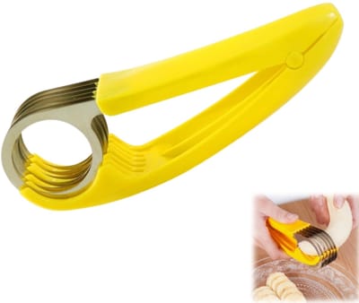 Bananensnijder - Fruitverdeler - RVS - Snijmachine - Saladesnijder - Ronde snijder - Keukengereedschap - Geschikt voor bananen- ham en saladeschalen - Geel - 17,3 x 5 cm