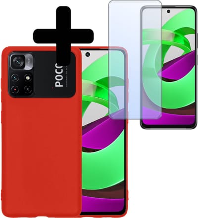 Hoesje - Met Screenprotector - Geschikt voor Xiaomi Poco M4 Pro 5G - Sterk & Shockproof - Back Cover - Siliconen Case - Telefoon Hoes - Telefoonhoesjes - Rood