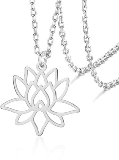 VASSAGO Lotus Flower Round Necklace for Women and Girls - Unalome Pendant with Aum Ohm Symbol - Yoga Jewelry Stainless Steel - Spiritual Buddhist Gift