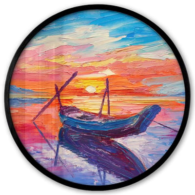 Poster in lijst Rond - Fotolijst 40x40 cm - Posters - Schilderij - Boot - Olieverf - Water - Ronde posterlijst zwart - Decoratie - Wanddecoratie woonkamer - Muurdecoratie slaapkamer