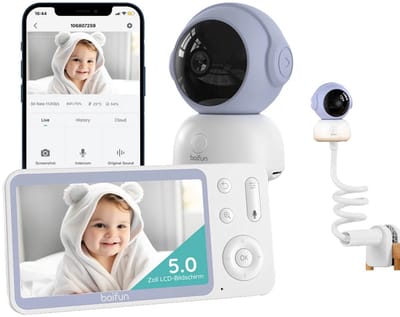 BOIFUN Babyfoon - Babyfoon met camera - 2K HD-Nachtzicht - 5-Inch Display - Op Afstand Bestuurbaar - Video & Audio - Baby Monitor Houder