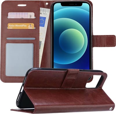 Hoesje - Geschikt voor Apple iPhone 12 - Luxe Bookcase - Walletcase Hoes - Portemonnee - Cover - Telefoonhoes - Bruin